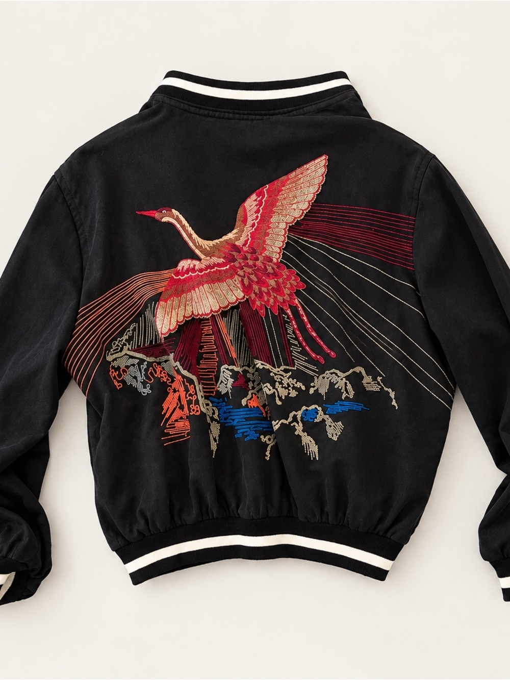 Zara Black Bomber Jacket with Red Crane Embroidery